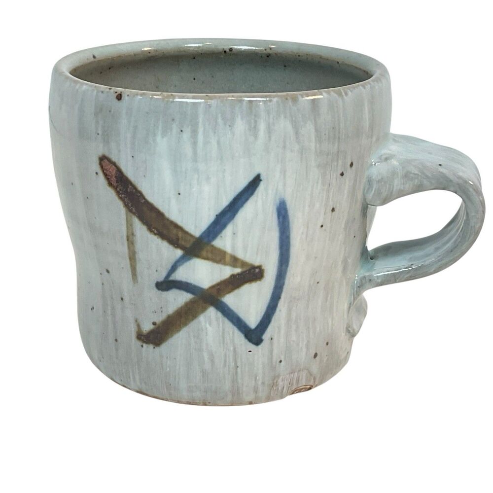 Artisan Pottery Mug Signed Stamped Handmade Glazed Asian Geometric Gray 14 Oz